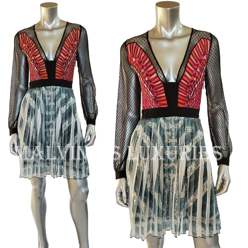 JUST CAVALLI ROBERTO CAVALLI DRESS LACE SHEER SLEEVES PLEATED SKIRT